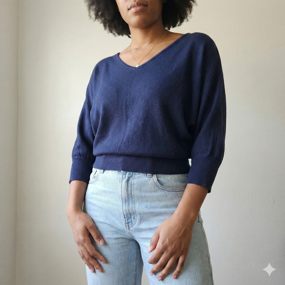 Rope Picnic V-Neck Sweater Womens 38‎ US 8 Navy Blue Dolman Sleeve Japanese